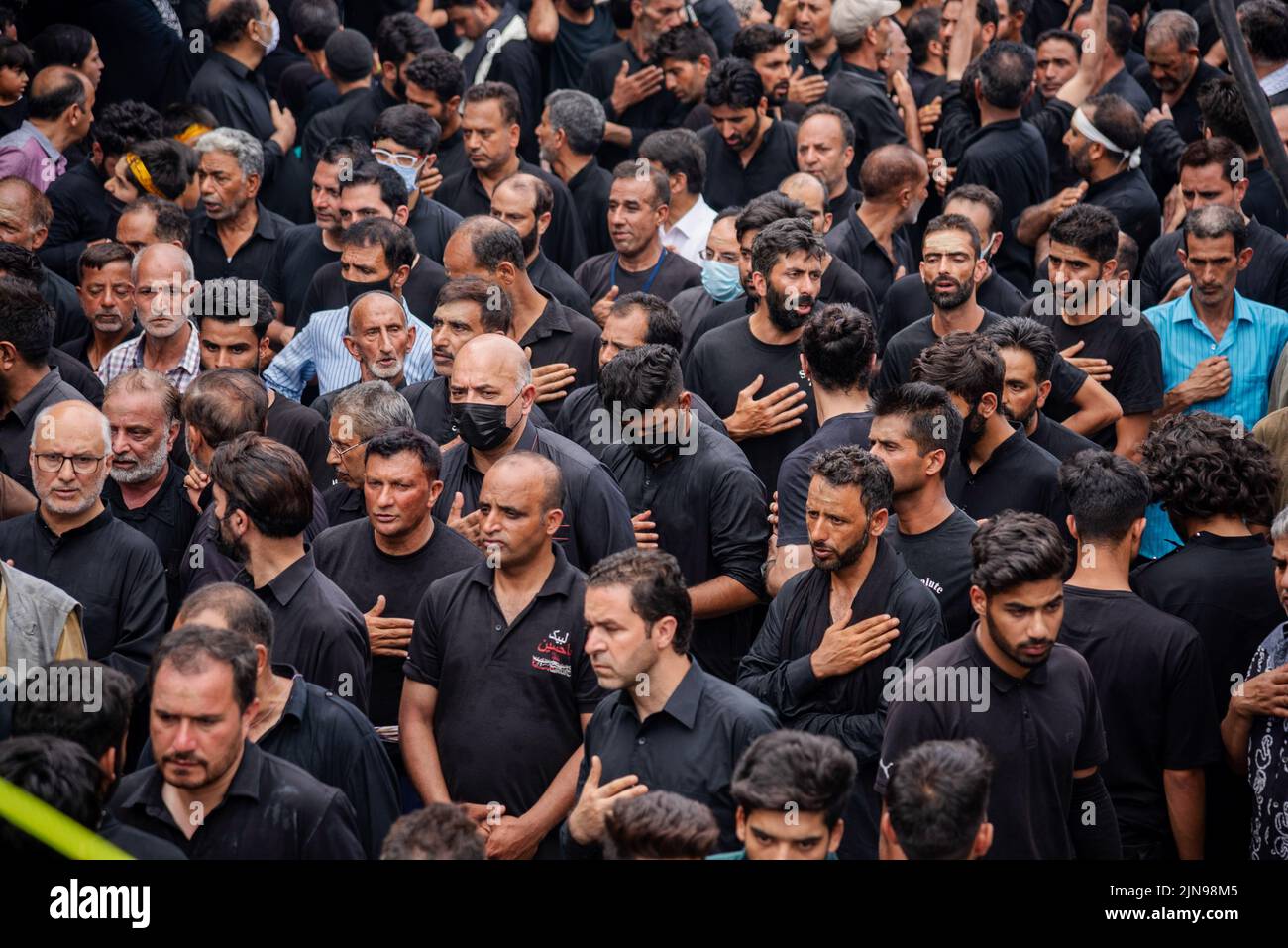 Shia Muslim mourners beat chests as they walk during Ashura procession ...
