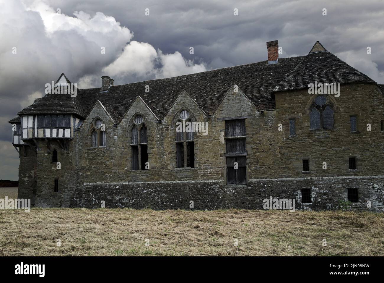 This fantasy image of a spooky house is based on Stokesay Castle in Shropshire which was built in the late 13th century. Stock Photo