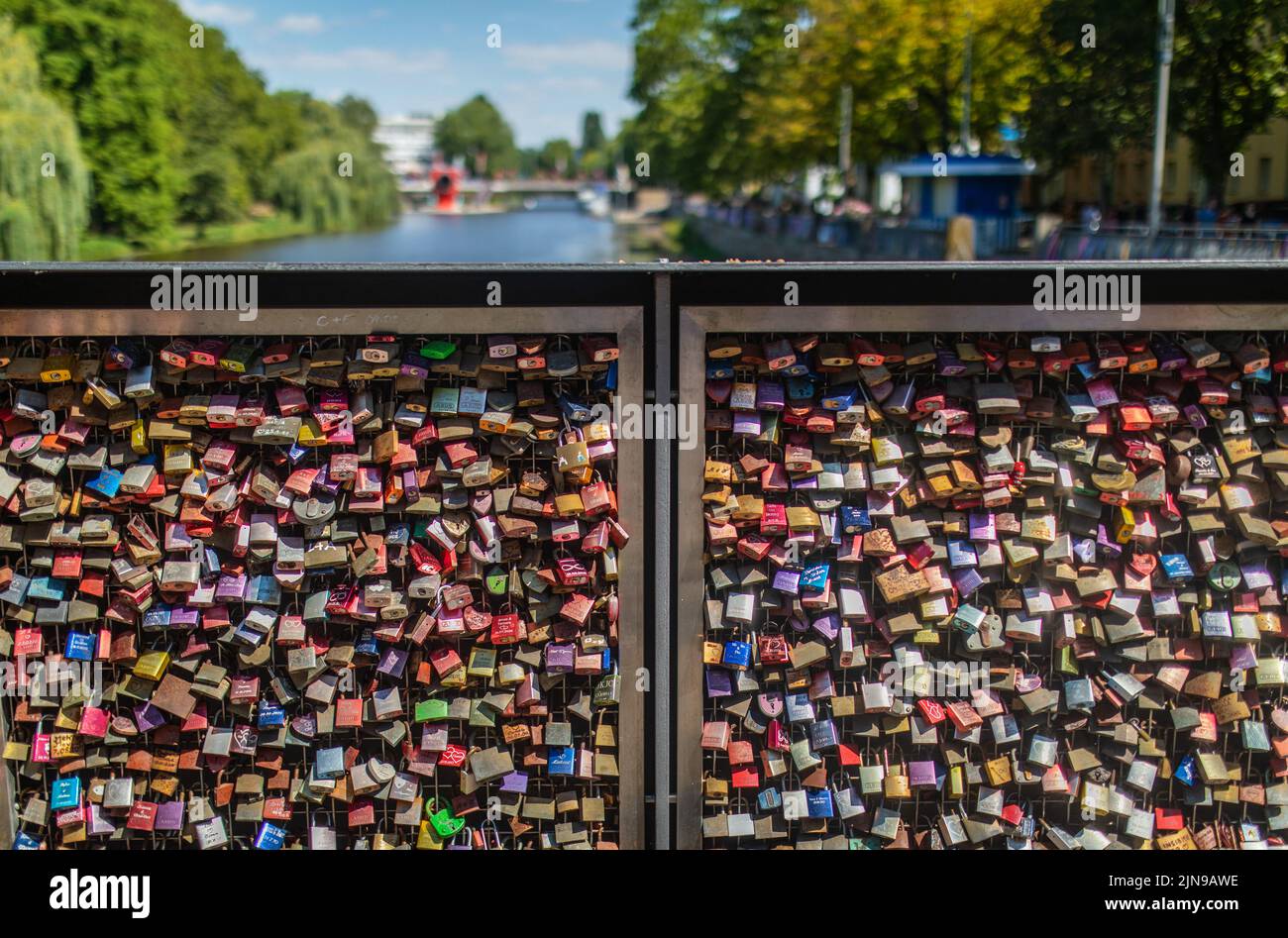 Heilbronn, Germany. 10th Aug, 2022. On the 'Day of the Love Lock' in Heilbronn, numerous love locks hang on the Götzenturm Bridge. Credit: Christoph Schmidt/dpa/Alamy Live News Stock Photo
