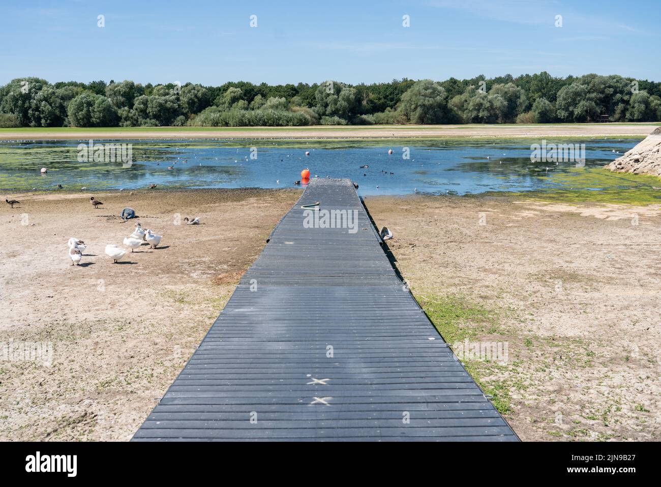 Reduced water levels at Hanningfield Reservoir, in Essex. The Met Office has issued an amber warning for extreme heat covering four days from Thursday to Sunday for parts of England and Wales as a new heatwave looms. Picture date: Wednesday August 10, 2022. Stock Photo