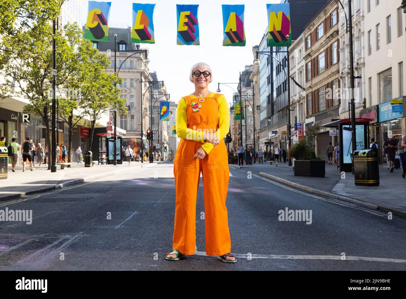EDITORIAL USE ONLY Views of Oxford Street as 105 flags designed by artist Morag Myerscough are unveiled as part of the Clean Power campaign by #TOGETHERBAND, aiming to encourage action on the transition towards a zero-carbon future. Picture date: Wednesday August 10, 2022. Stock Photo