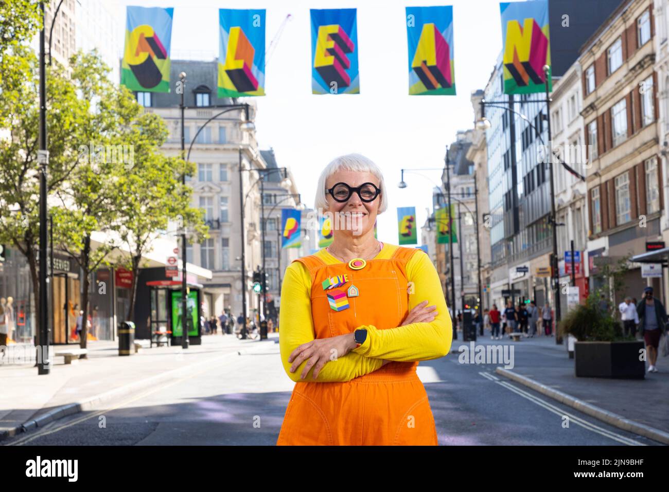 EDITORIAL USE ONLY Views of Oxford Street as 105 flags designed by artist Morag Myerscough are unveiled as part of the Clean Power campaign by #TOGETHERBAND, aiming to encourage action on the transition towards a zero-carbon future. Picture date: Wednesday August 10, 2022. Stock Photo