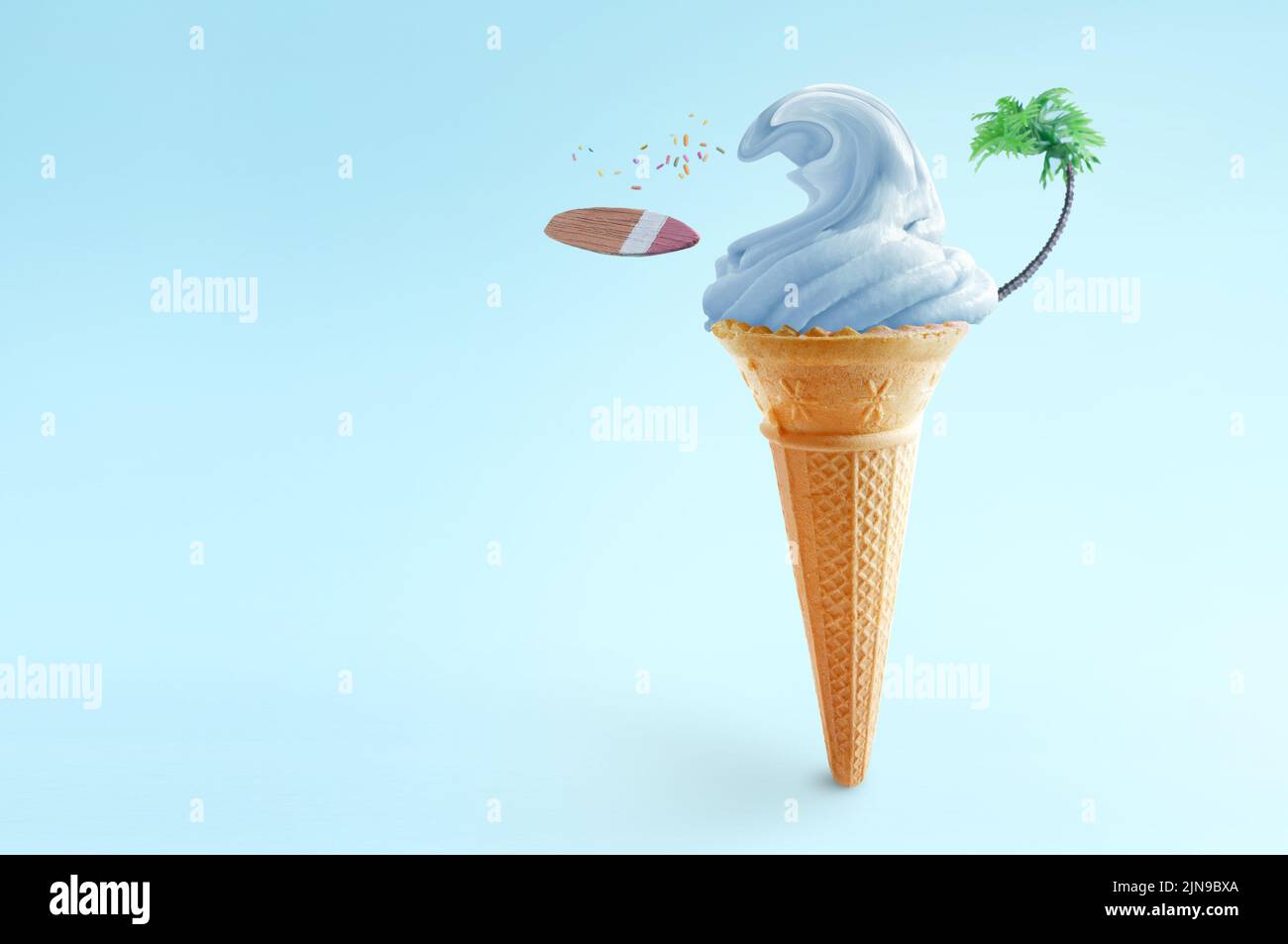 Strawberry ice cream wave with surfboard, beach sign and palm tree Stock Photo