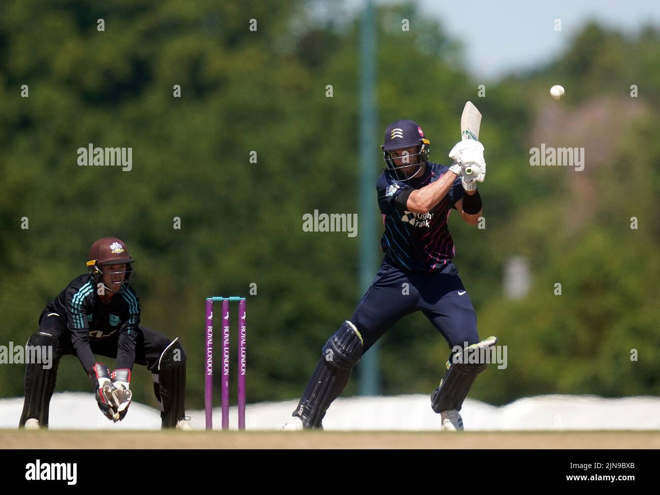 Middlesex's Peter Malan hits out during Royal London One-Day Cup Group A match at Radlett Cricket Club, Hertfordshire. Picture date: Wednesday August 10, 2022. Stock Photo