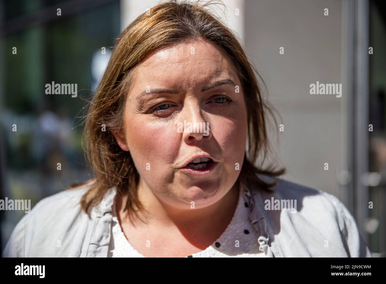 Stormont communities minister Deirdre Hargey outside the Northern Ireland Office (NIO) Erskine House in Belfast before a meeting with Chancellor of the Exchequer Nadhim Zahawi. Stock Photo