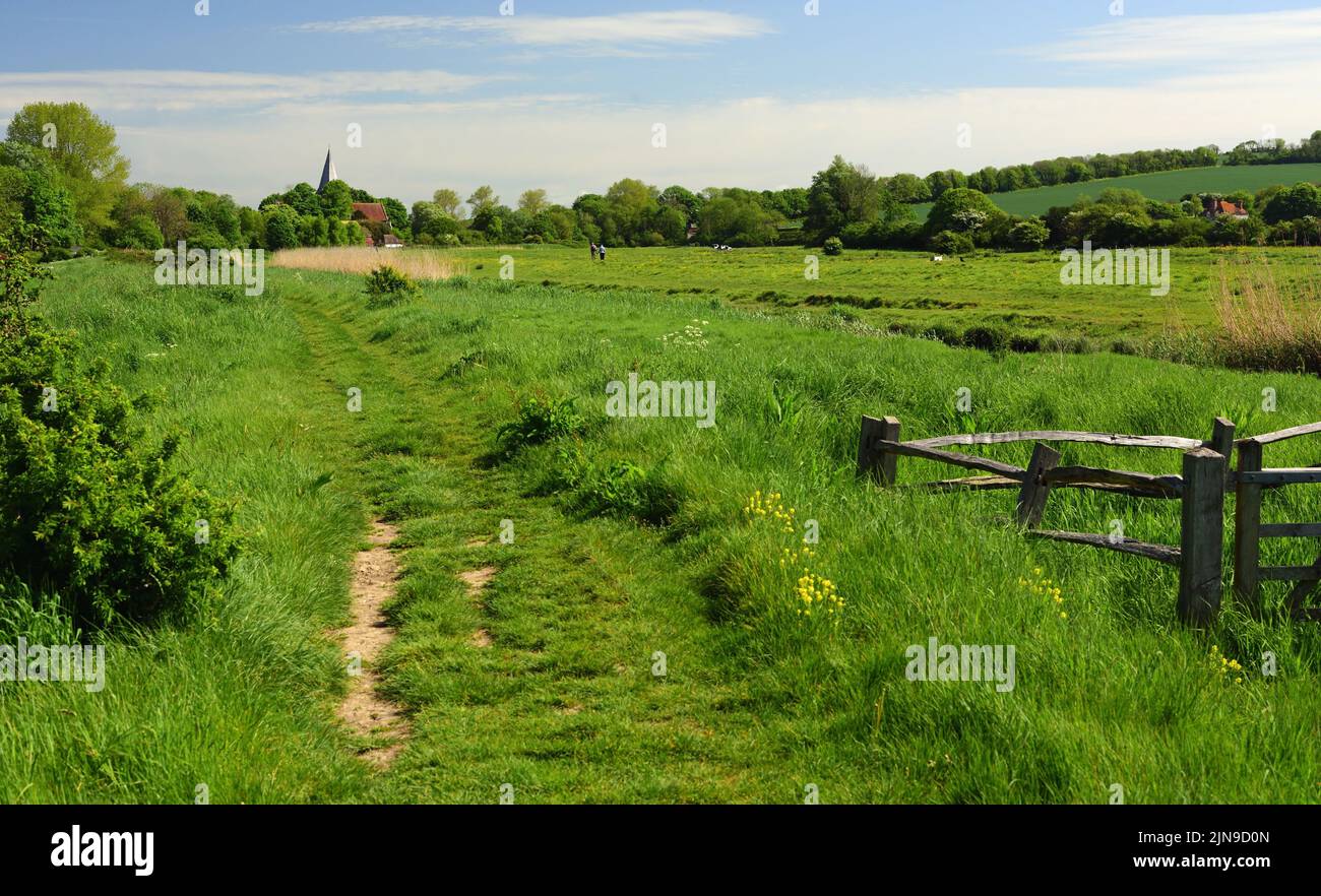 The Cuckmere river valley at Alfriston, East Sussex, looking towards the spire of St Andrew's church. Stock Photo