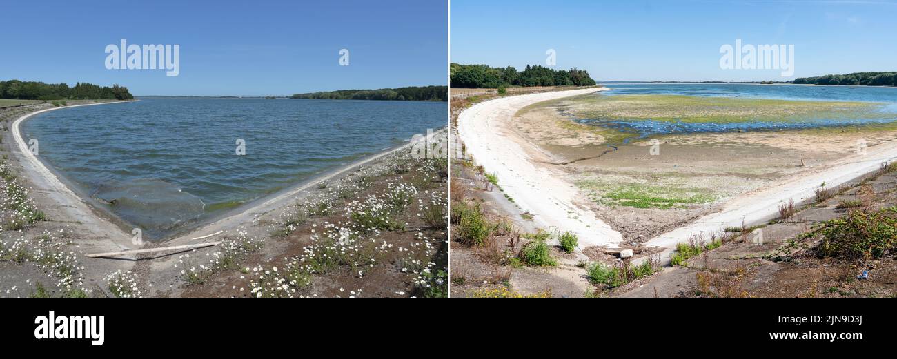 Comparison photos showing water levels at Hanningfield Reservoir, in Essex, dated 28/05/20 (left) and 10/08/22 (right). The Met Office has issued an amber warning for extreme heat covering four days from Thursday to Sunday for parts of England and Wales as a new heatwave looms. Picture date: Wednesday August 10, 2022. Stock Photo