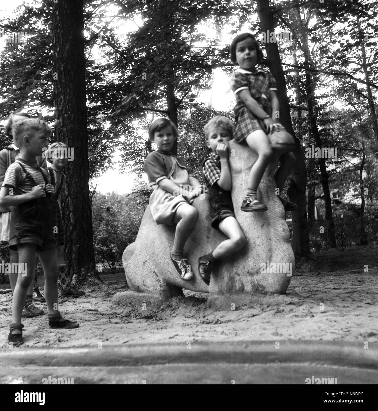 Original-Bildunterschrift: Ein Kamel zum reiten wurde jetzt für die Kinder auf dem Spielplatz im Zehlendorfer Stadtwäldchen aufgestellt. Die Plastik stammt von dem Berliner Bildhauer Schnitzer, Berlin, Deutschland 1955. Stock Photo