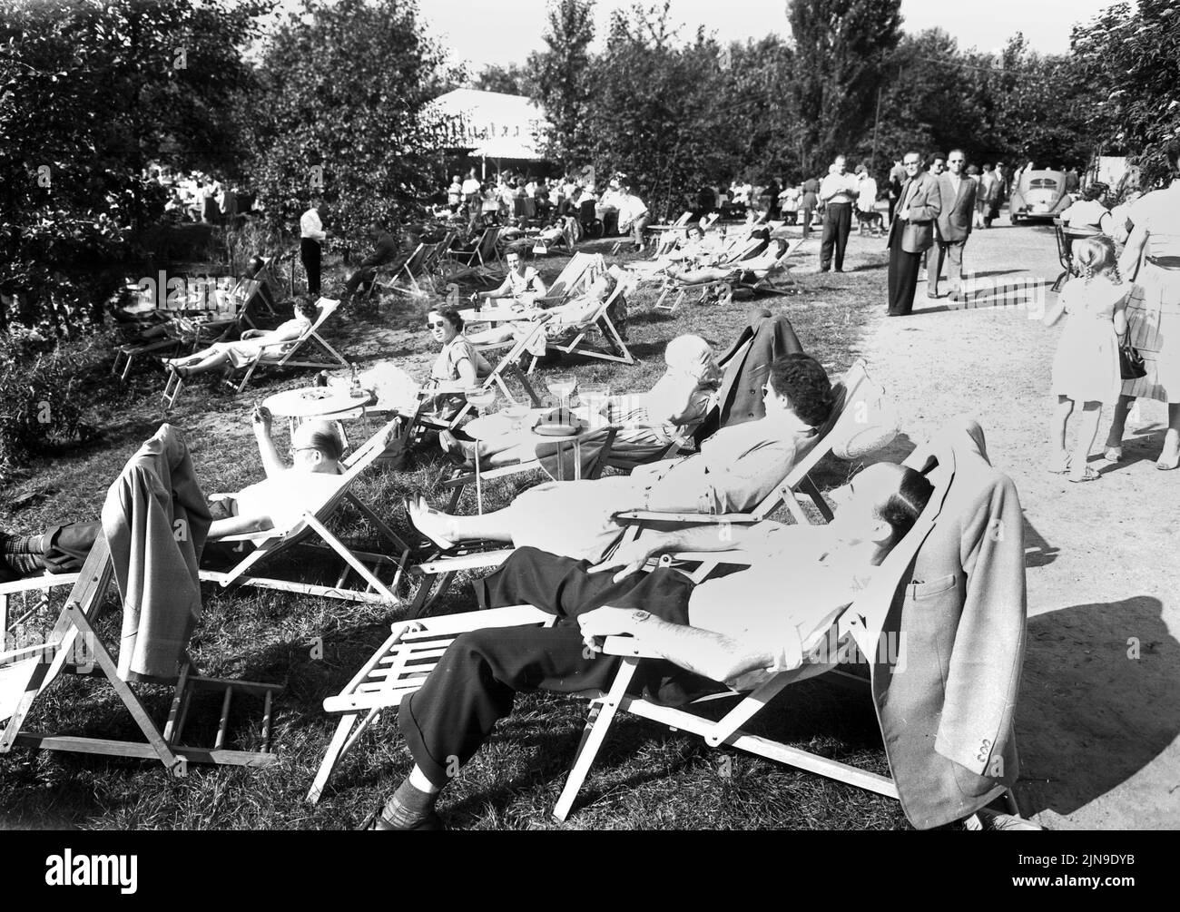 Original-Bildunterschrift: Die Liegestühle am Neuen See im Tiergarten waren restlos ausverkauft, Berlin, Deutschland 1955. Stock Photo