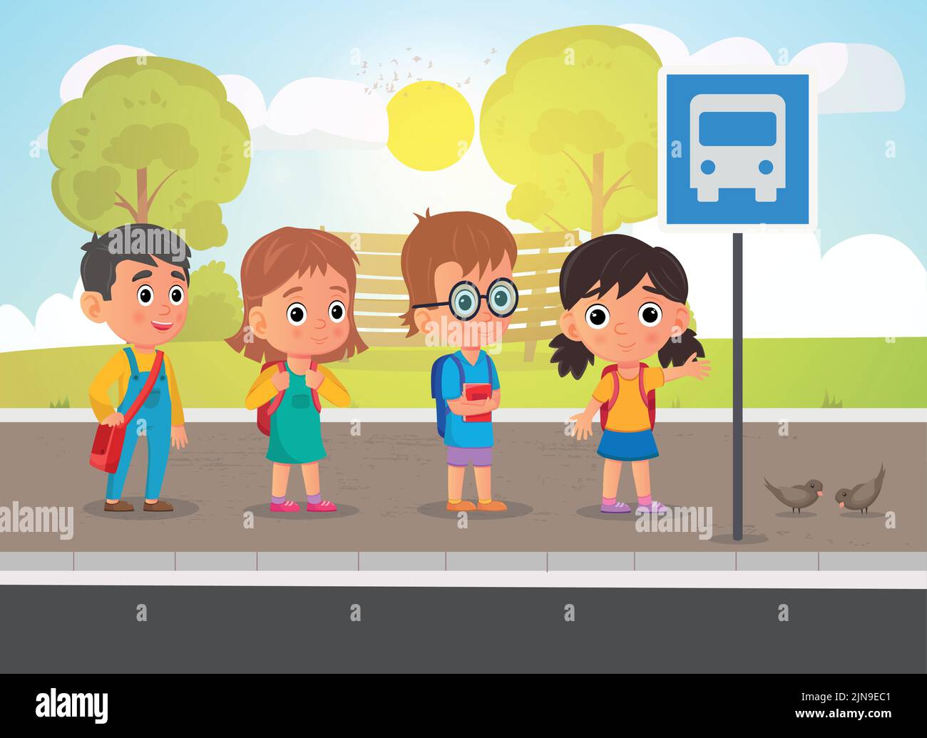 A vector illustration of school kids with school supplies waiting at a bus stop Stock Vector