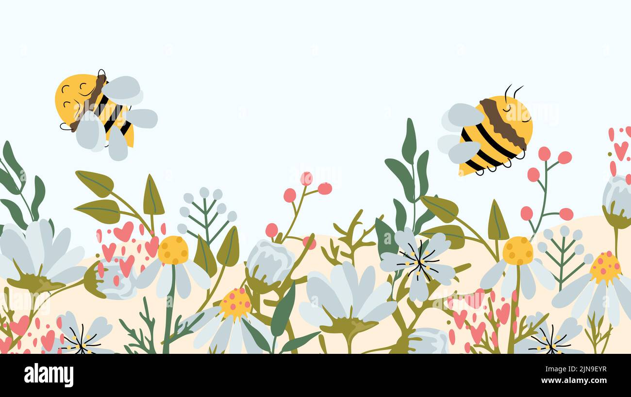 Vector cute illustration with wildflowers flowering meadow and honey ...