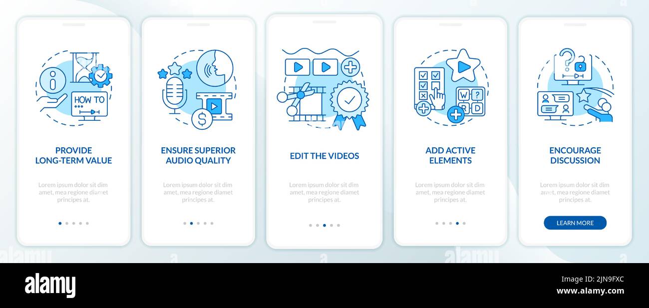 Elearning video tips blue onboarding mobile app screen Stock Vector ...