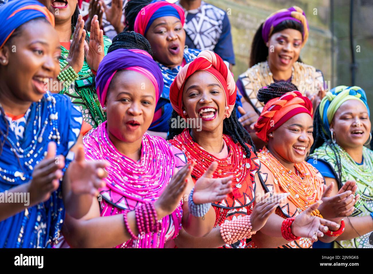 The Soweto Gospel Choir during a photocall at the Assembly Hall, Edinburgh, ahead of their performances throughout the Edinburgh Festival Fringe. Picture date: Wednesday August 10, 2022. Stock Photo