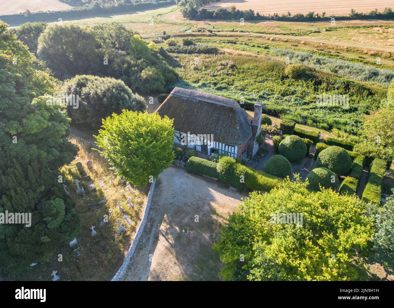 aerial view of the village of alfriston and the clergy house in east sussex Stock Photo