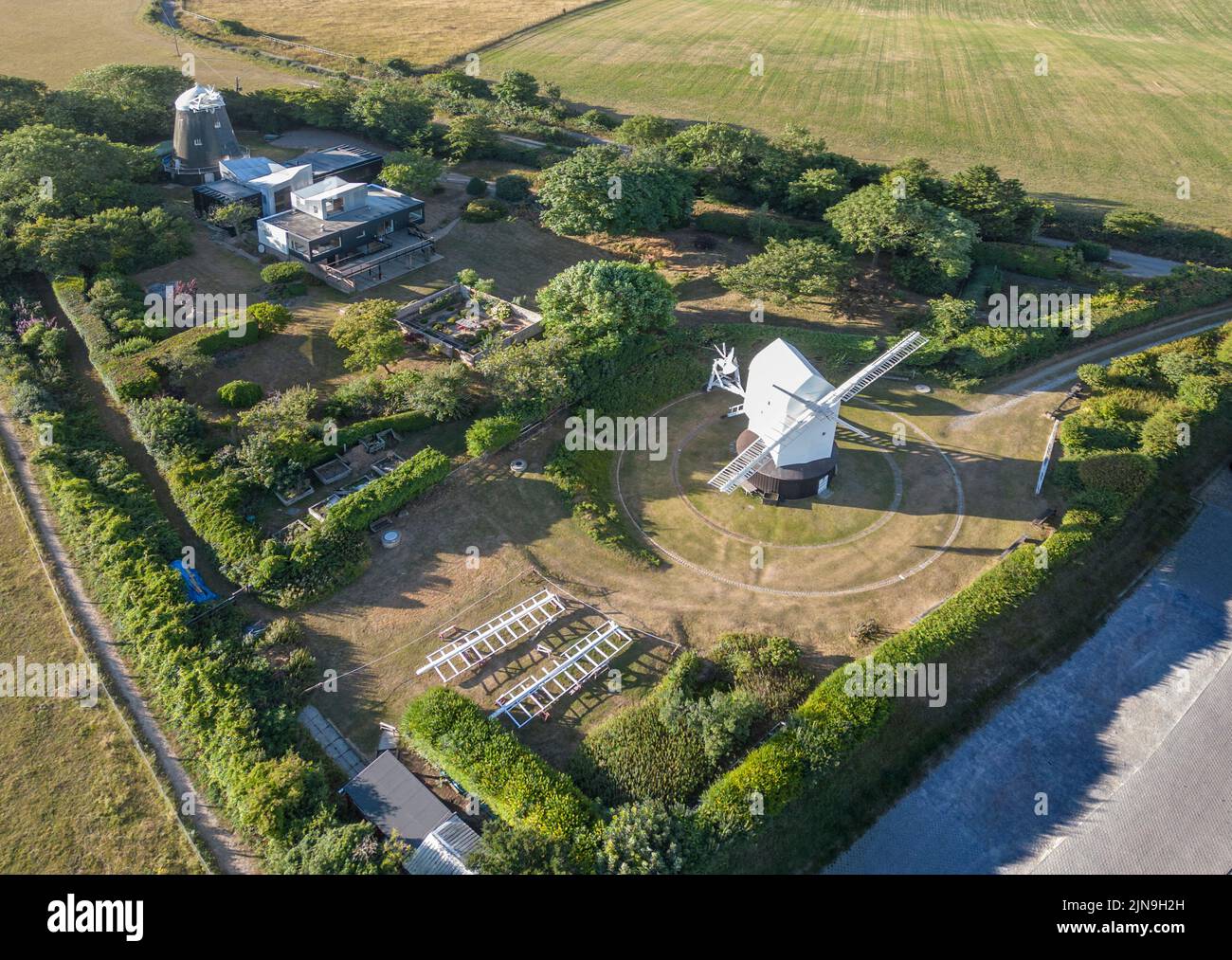aerial view of jack and jill windmills in the south downs national park at clayton west sussex Stock Photo