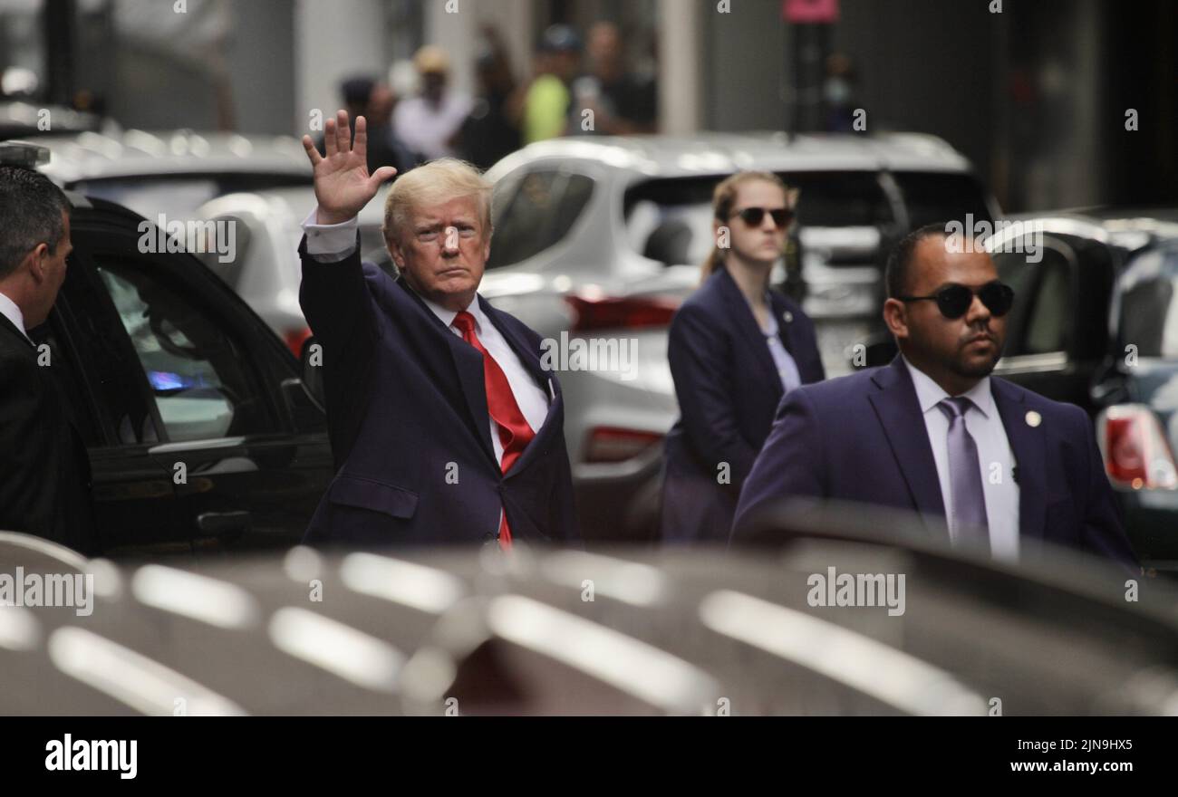 New York, USA. 10th Aug, 2022. (New) Former US President Donald J. Trump Leaves Trump Tower-New York. August 10, 2022, New York, USA: Former President of the United States of America Donald J. Trump is staying at Trump Tower in New York, on Wednesday (10). Trump is staying at Trump Tower overnight following a dinner in Bedminster, New Jersey, USA, on Tuesday (9). His residence at Mar-a-Lago was raided by the FBI in the state of Florida. He is seen leaving the Tower in the morning of Wednesday (10) (Credit Image: © Niyi Fote/TheNEWS2 via ZUMA Press Wire) Credit: ZUMA Press, Inc./Alamy Live News Stock Photo