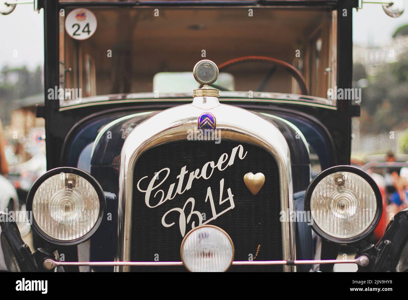 Front close-up of a blue vintage Citroen B14 during an exposition. Stock Photo