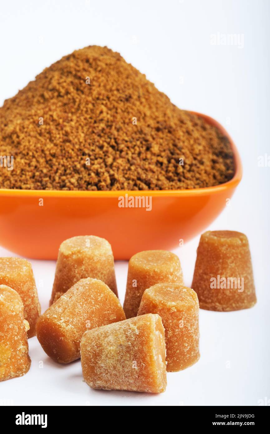 Organic Gur or Jaggery Powder and cubes, Jaggery is used as an