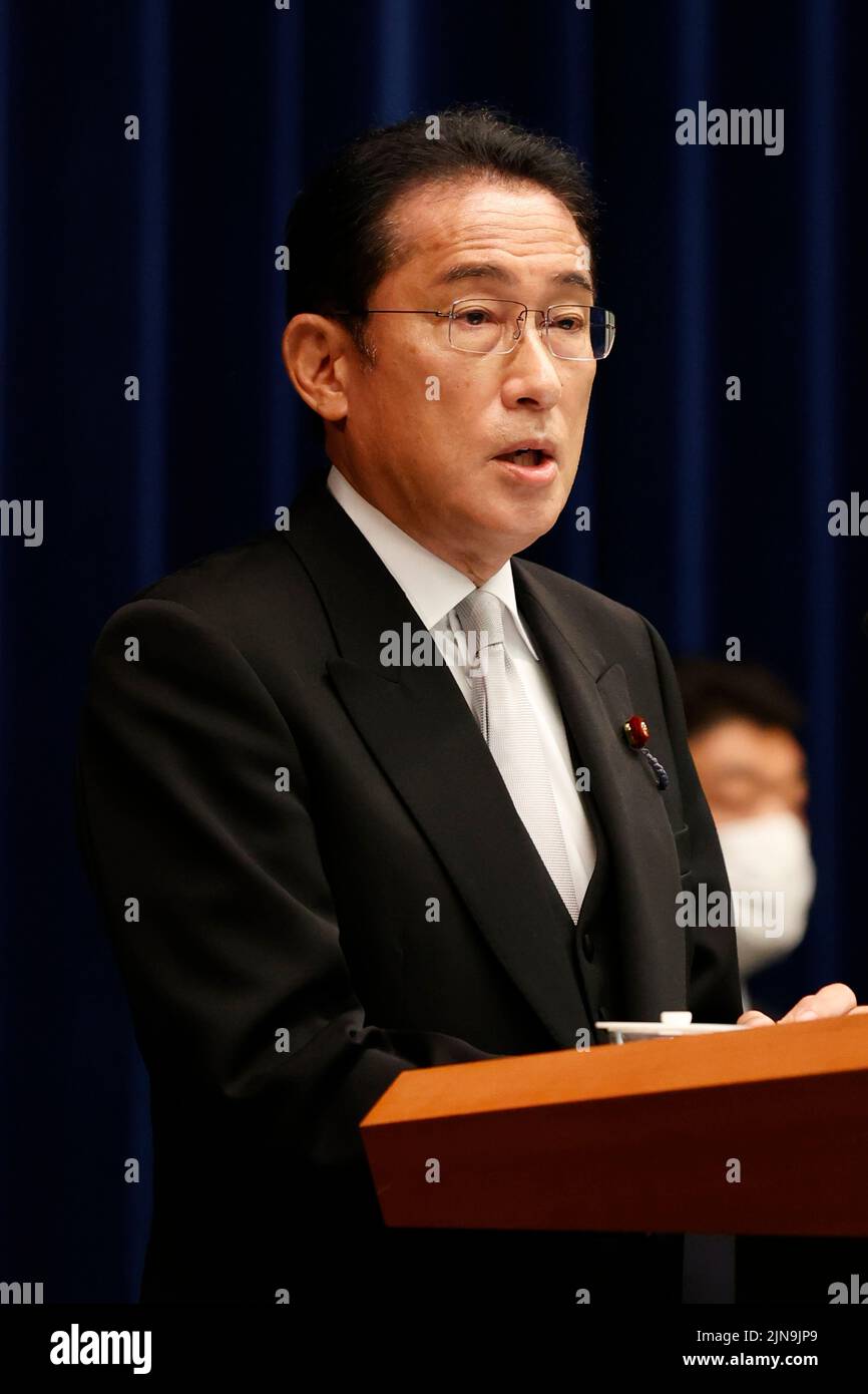 Tokyo, Japan. 10th Aug, 2022. (220810) -- TOKYO, Aug. 10, 2022 (Xinhua) -- Japanese Prime Minister Fumio Kishida speaks during a press conference at the prime minister's official residence, Tokyo, Japan, Aug. 10, 2022. Japanese Prime Minister Fumio Kishida reshuffled his cabinet and the executive lineup of the ruling Liberal Democratic Party (LDP) on Wednesday as the administration faces slipping public support. (Rodrigo Reyes Marin/Pool via Xinhua) Credit: Xinhua/Alamy Live News Stock Photo