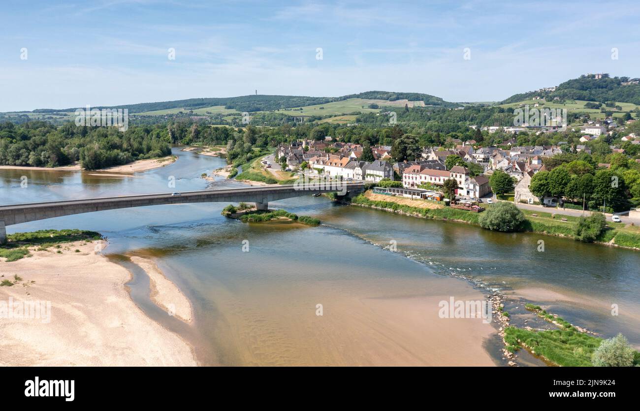 France, Cher, Berry, Sancerrois region, Saint Satur, Saint Thibault suburb at the edge of the Loire and Sancerre in the background (aerial view) // Fr Stock Photo