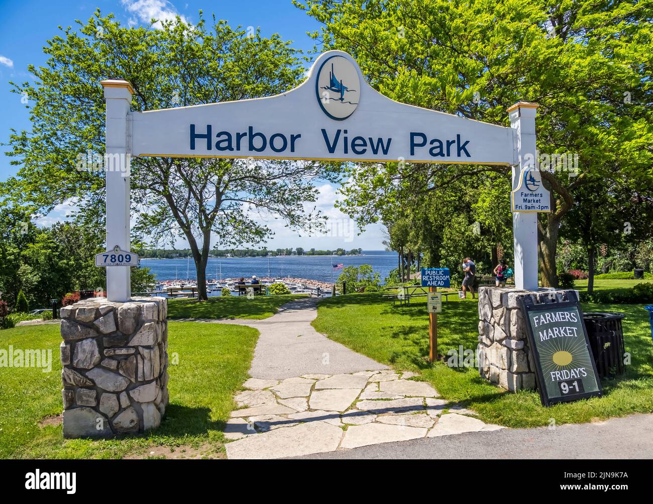 Harbor View Park overlooking the marina and Lake Michigan in Egg Harbor in Door County Wisconsin USA Stock Photo