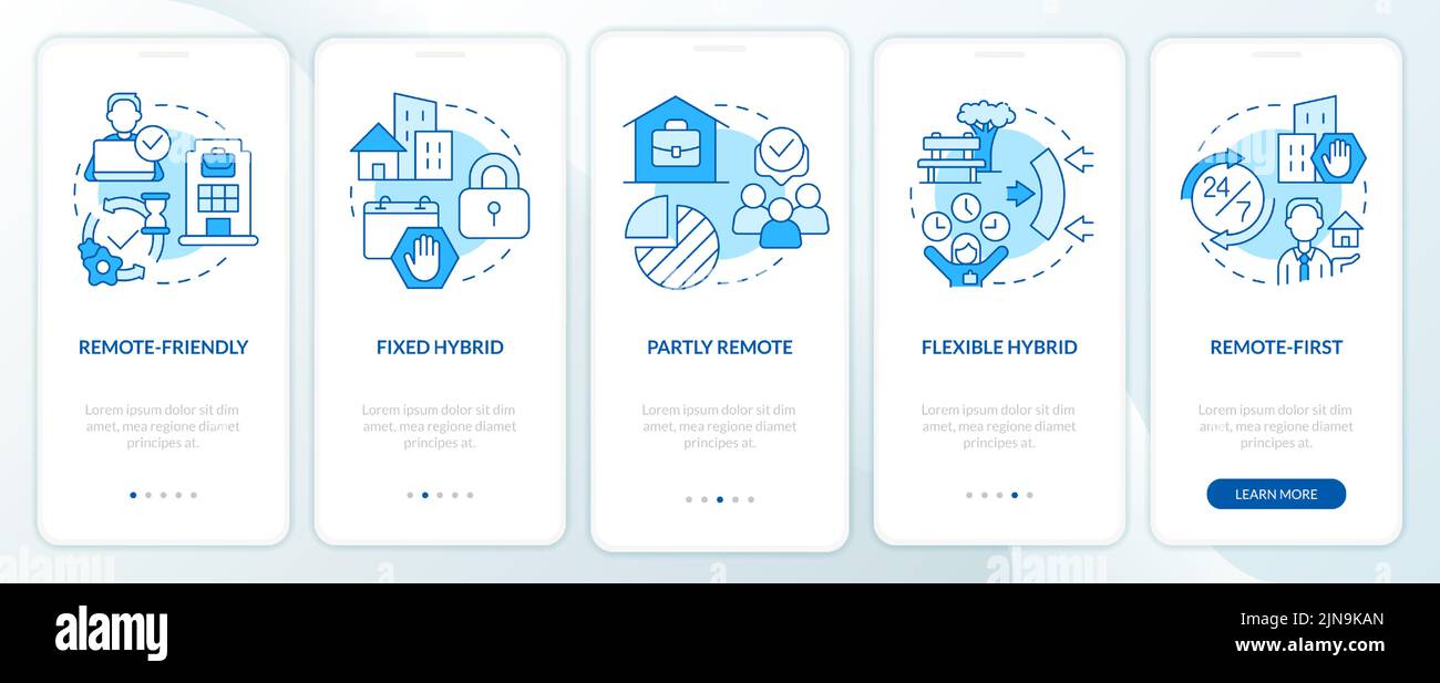 Hybrid work models blue onboarding mobile app screen Stock Vector