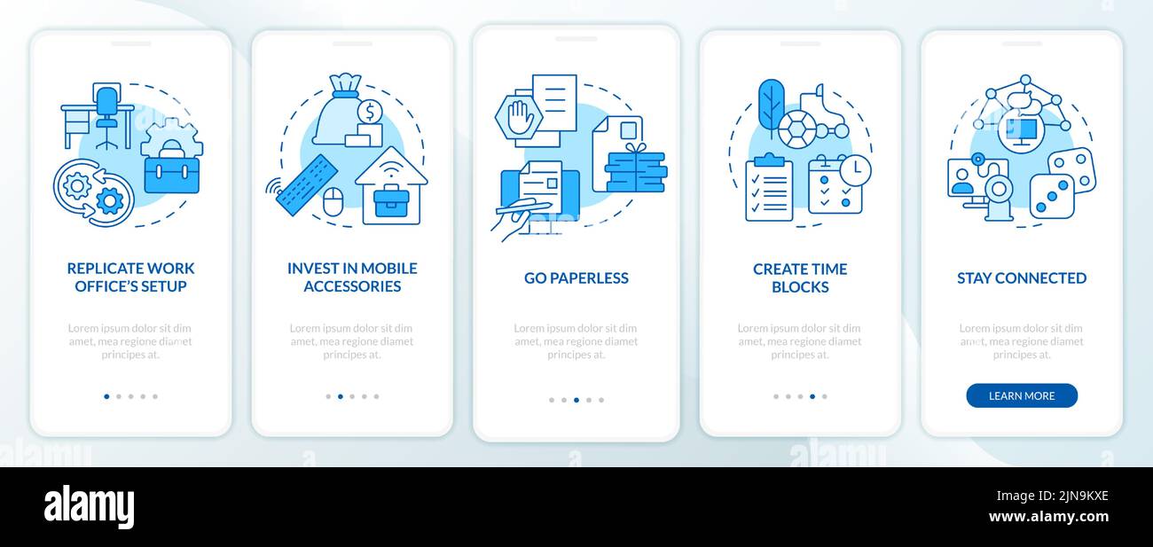 Remote work productivity tips blue onboarding mobile app screen Stock Vector