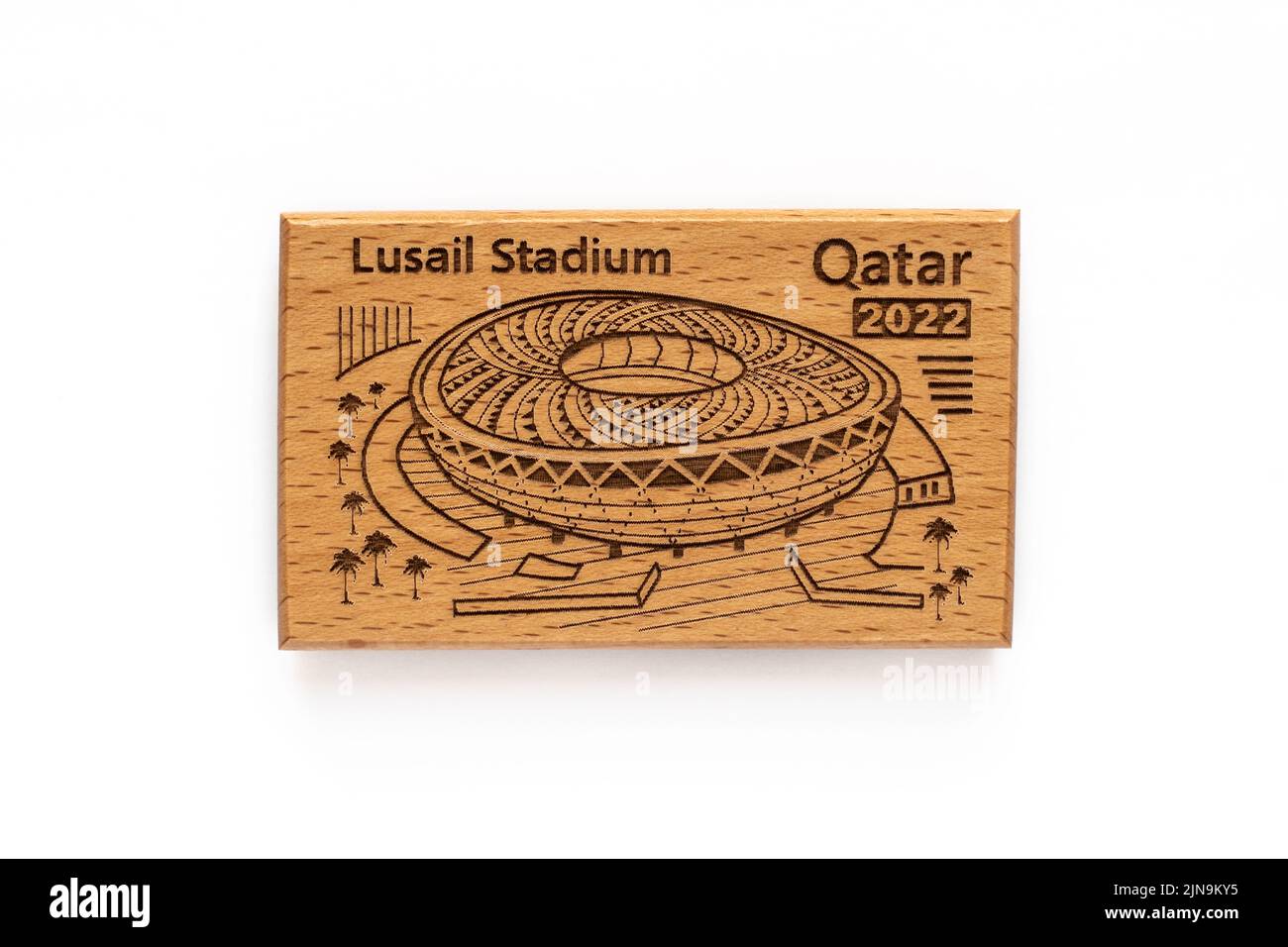 DOHA, QATAR - AUGUST 10, 2022: Lusail Stadium Qatar fridge magnet. Qatar will be hosting FIFA World Cup 2022. Stock Photo