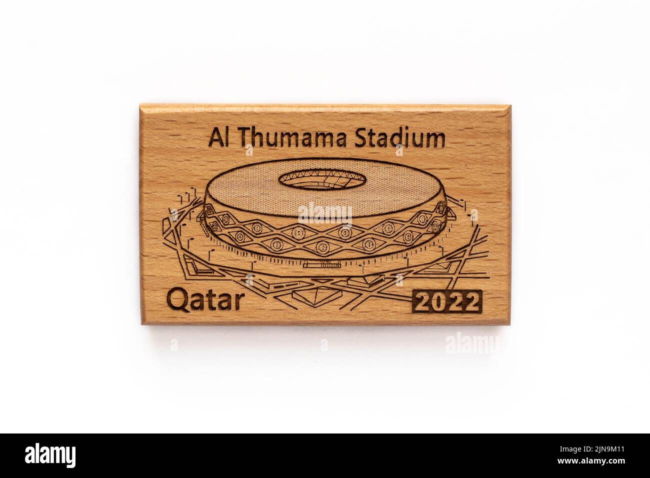 DOHA, QATAR - AUGUST 10, 2022: Al Thumama Stadium Qatar fridge magnet. Qatar will be hosting FIFA World Cup 2022. Stock Photo