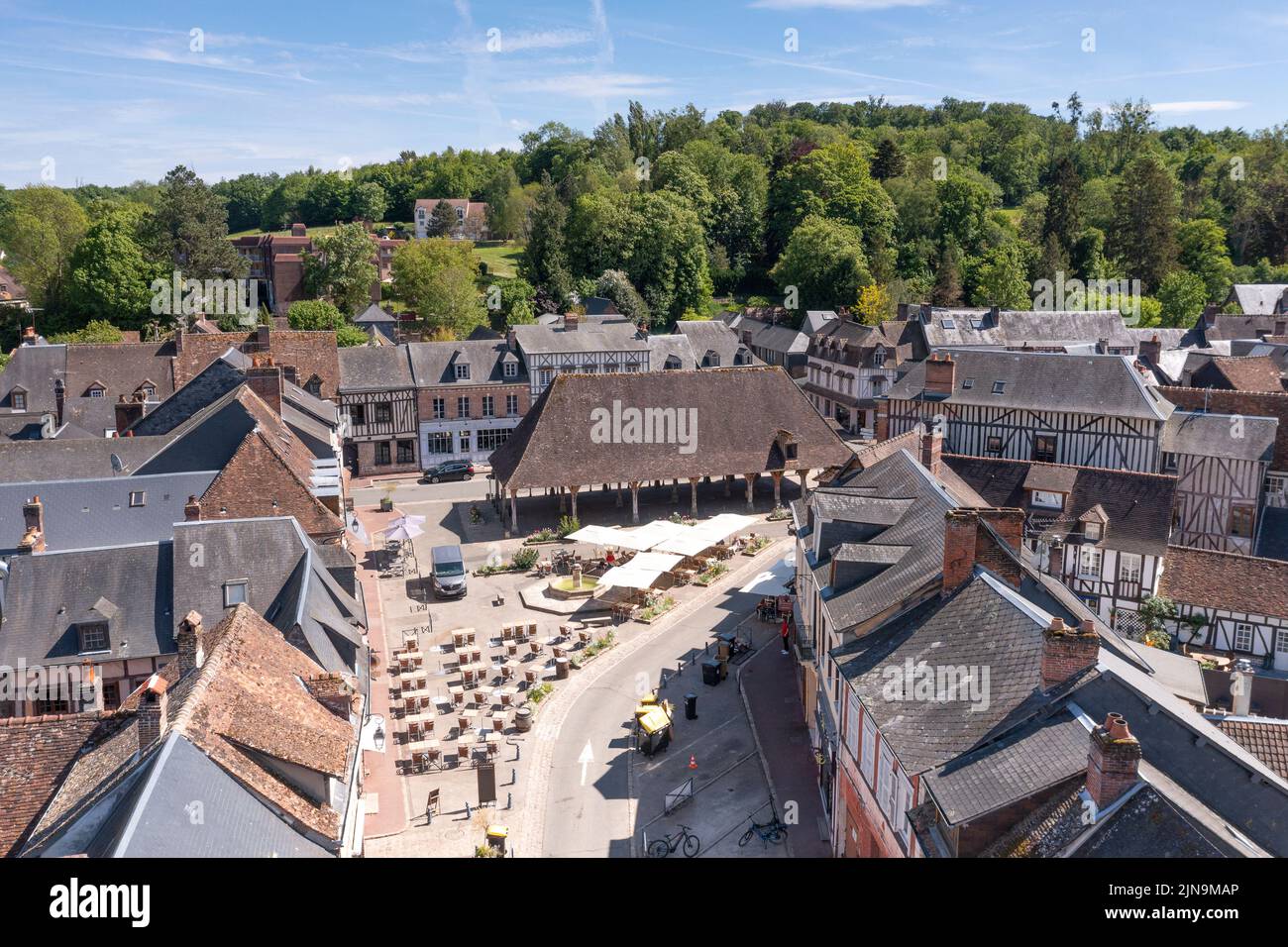 France, Eure, Lyons la Foret, labelled Les Plus Beaux Villages de France (The Most Beautiful Villages of France), halls dated 17th century, Place Isaa Stock Photo