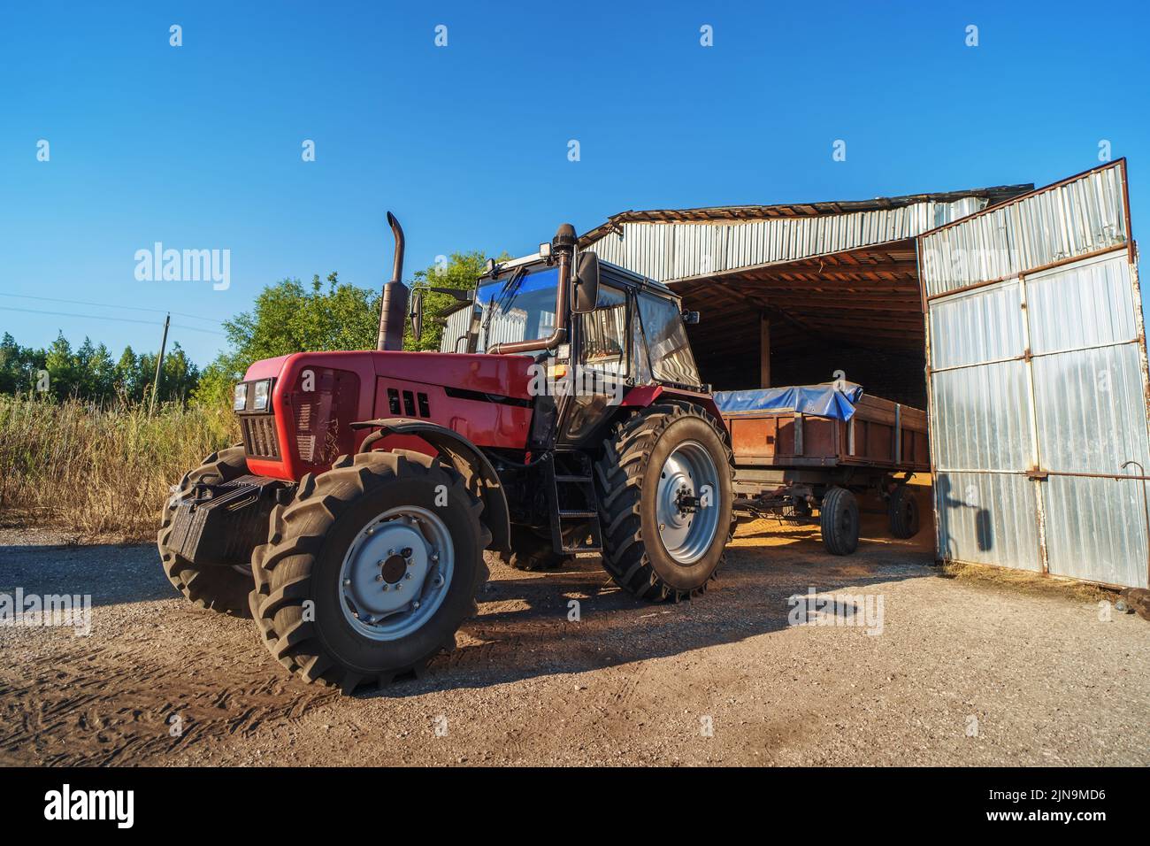 Tractor unloading grain harvest to granary storage on farm. Stock Photo