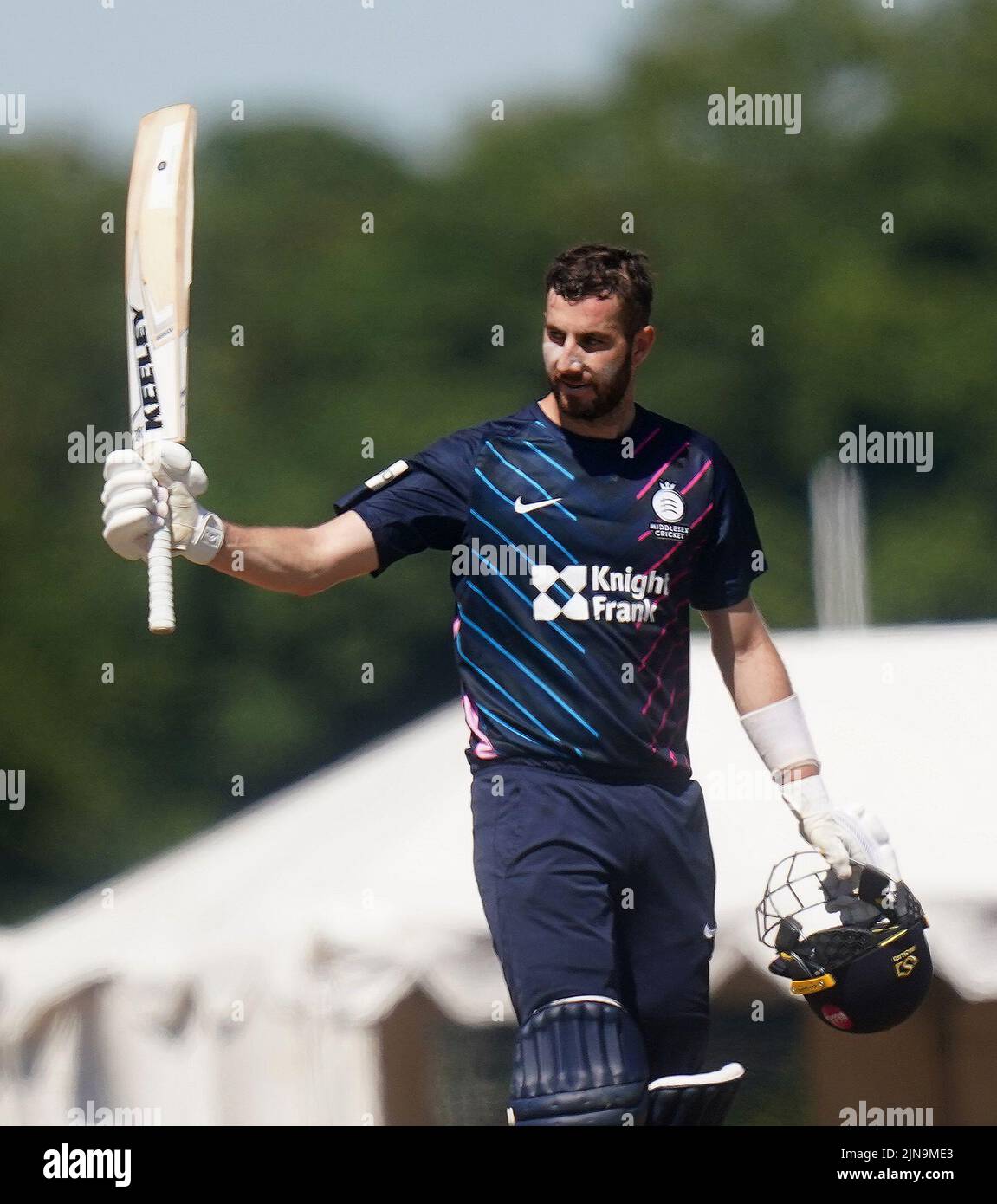 Middlesex's Stephen Eskinazi celebrates his century during Royal London One-Day Cup Group A match at Radlett Cricket Club, Hertfordshire. Picture date: Wednesday August 10, 2022. Stock Photo