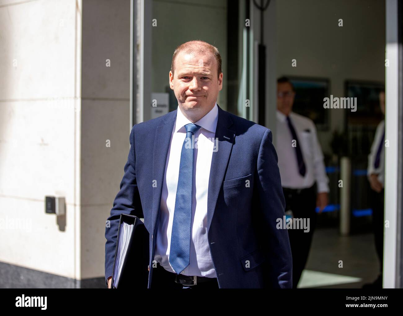 Economy Minister Gordon Lyons outside the Northern Ireland Office (NIO) Erskine House in Belfast after a meeting with Chancellor of the Exchequer Nadhim Zahawi. Stock Photo