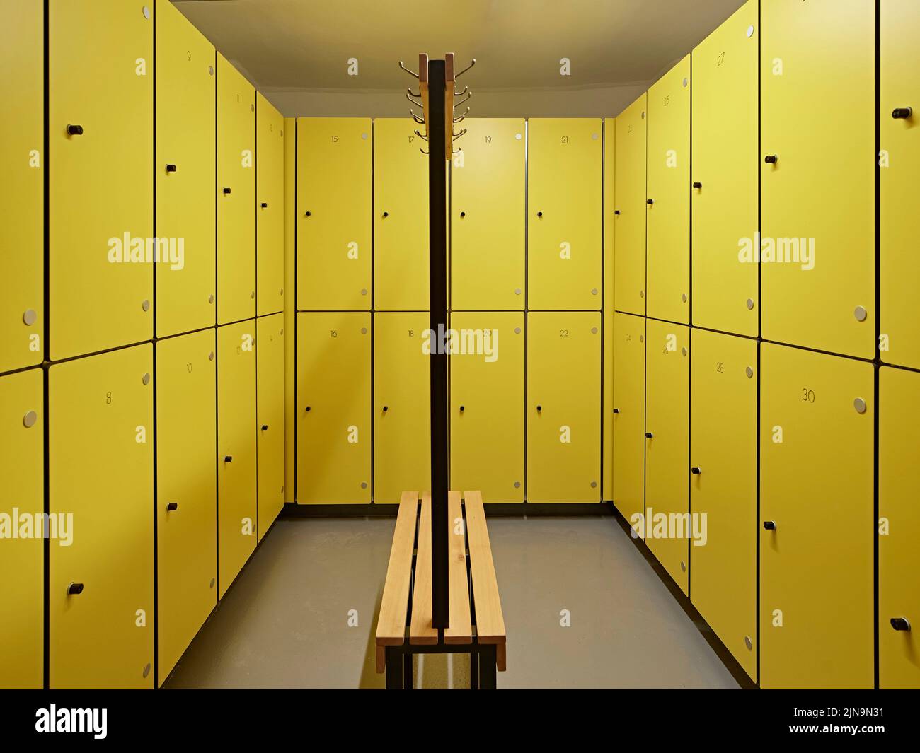 Lockers and storage in basement. 30 St James' Square, London, United Kingdom. Architect: Eric Parry Architects Ltd, 2021. Stock Photo