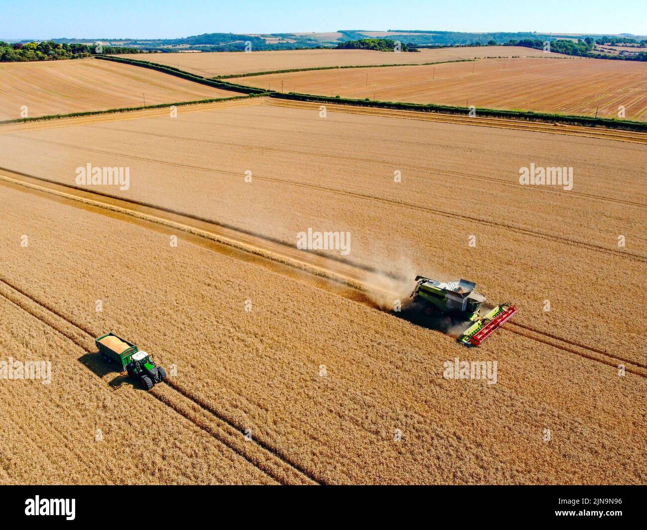 Aerial view of a combine harvester in a landscape of wheat fields on farmland in North Yorkshire in the United Kingdom. Stock Photo