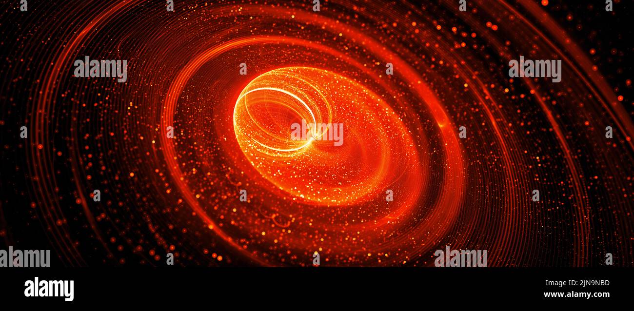 Fiery glowing spinning spreader, computer generated abstract widescreen background, 3D rendering Stock Photo