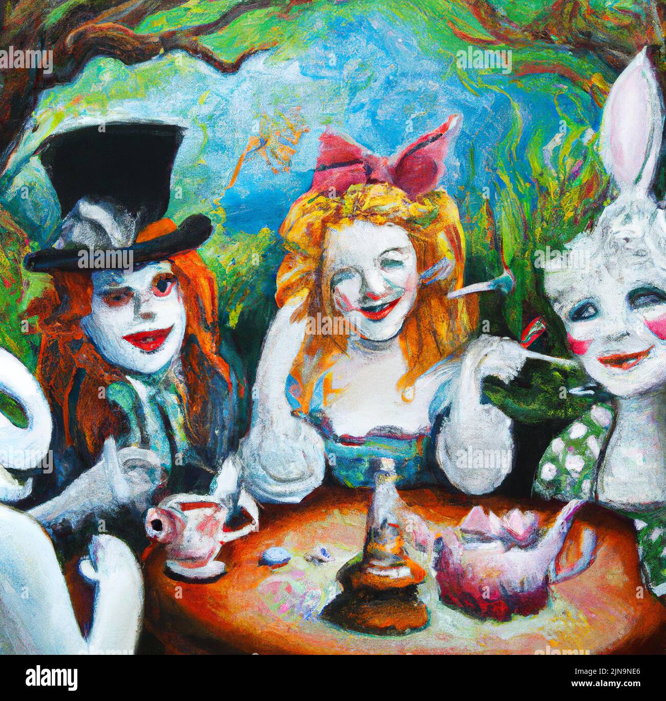 Alice in Wonderland motifs mad tea party. Lewis Carroll fairy tale with mad crazy characters. Digital oil painting art. Illustration for print Stock Photo
