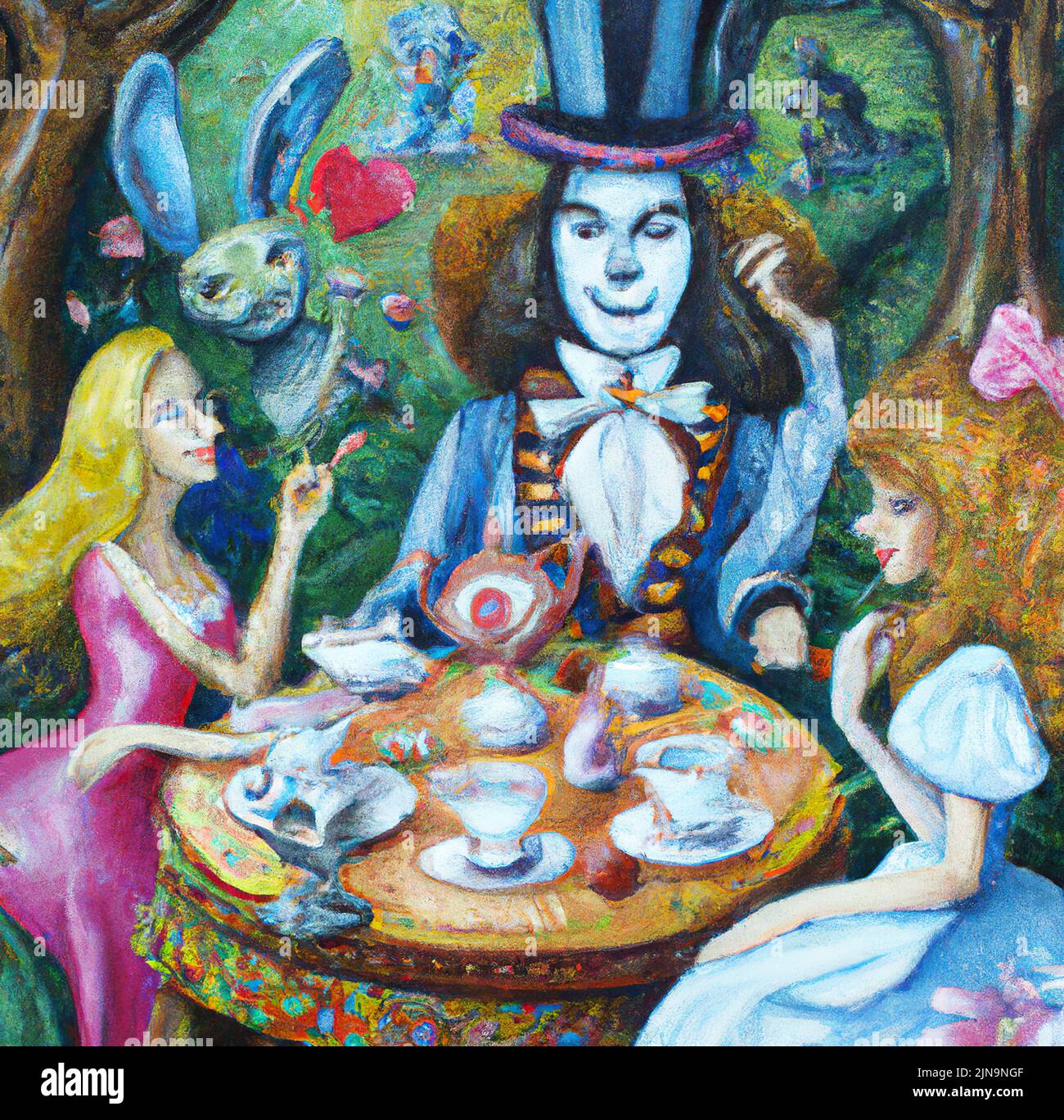 Alice in Wonderland motifs mad tea party. Lewis Carroll fairy tale with mad crazy characters. Digital oil painting art. Illustration for print Stock Photo