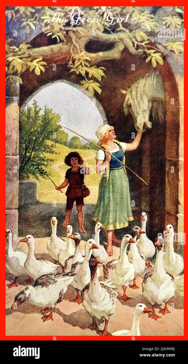 A circa 1940's British children's story book illustration THE GOOSE GIRL, 'The Goose Girl' (in German: Die Gänsemagd) is a  fairy tale from the Brothers Grimm   first published in 1815 in  Grimm's Fairy Tales Stock Photo