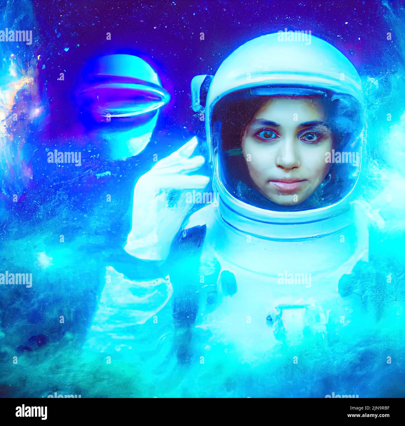 Astronaut in spacesuit in outer space and flying ufo around him. Beautiful galaxy nebula 3D