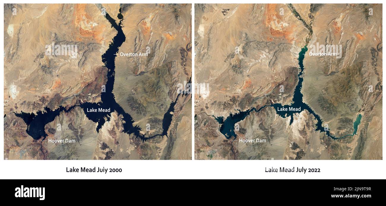 Side by side images of Lake Mead Arizona taken 22 years apart. Left image taken 7/2000. Rt. image shot 7/22, shows extent of lowered water levels Stock Photo