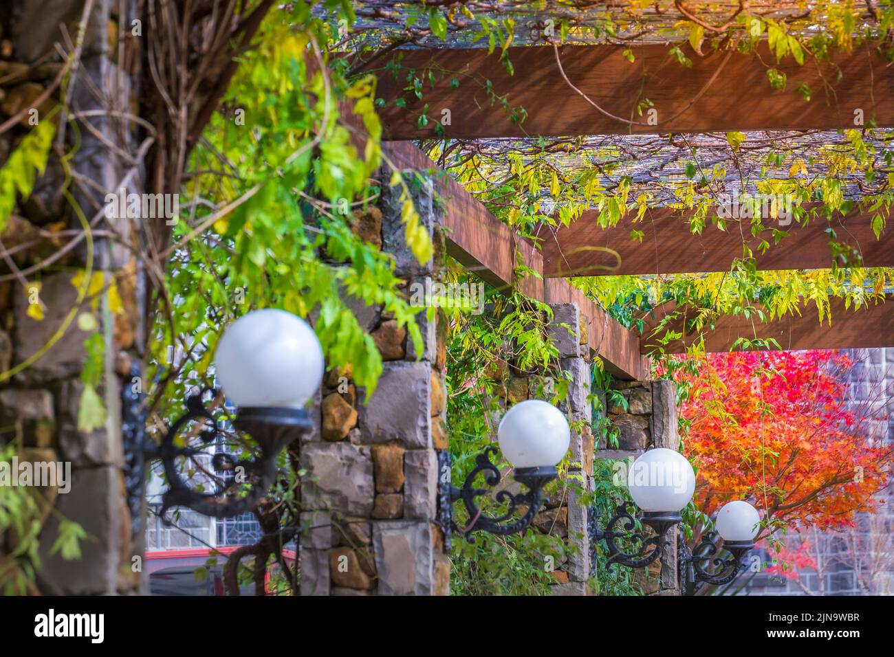 Autumn landscape in Gramado covered street and lamps pattern, Brazil Stock Photo