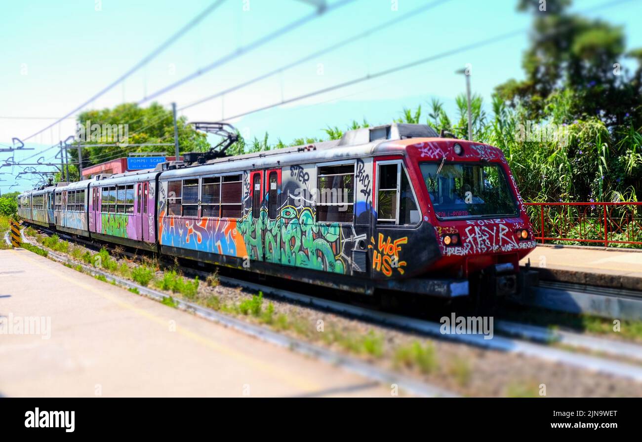 The graffiti tourist trains of the Sorrento to Naples line stopped here at the famous city of Pompeii Scavia Villa de Misteri. Stock Photo