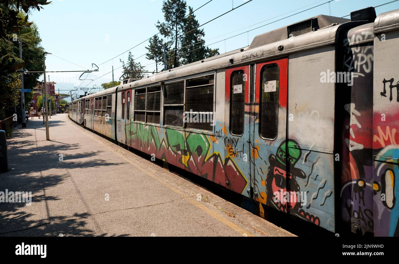 The graffiti tourist trains of the Sorrento to Naples line stopped here at the famous city of Pompeii Scavia Villa de Misteri. Stock Photo