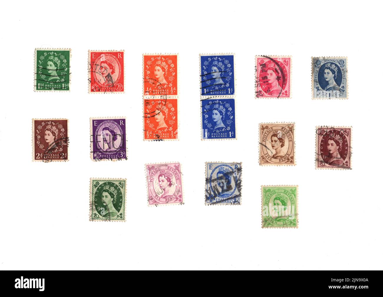A set of old postage stamps from Great Britain on a white background