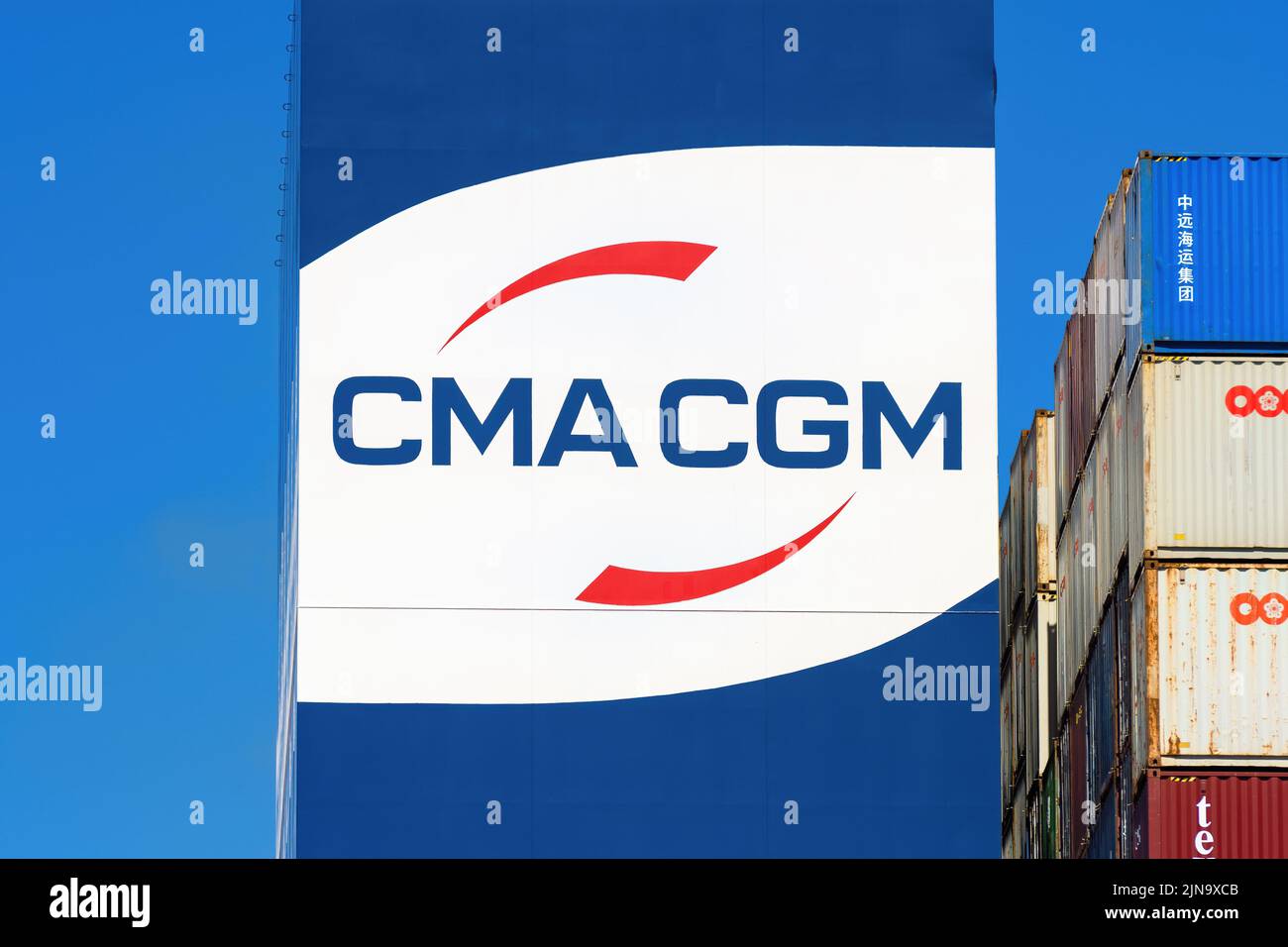 The CMA CGM logo on the funnel of the container carrier CM CGM Mexico August 2020 Stock Photo
