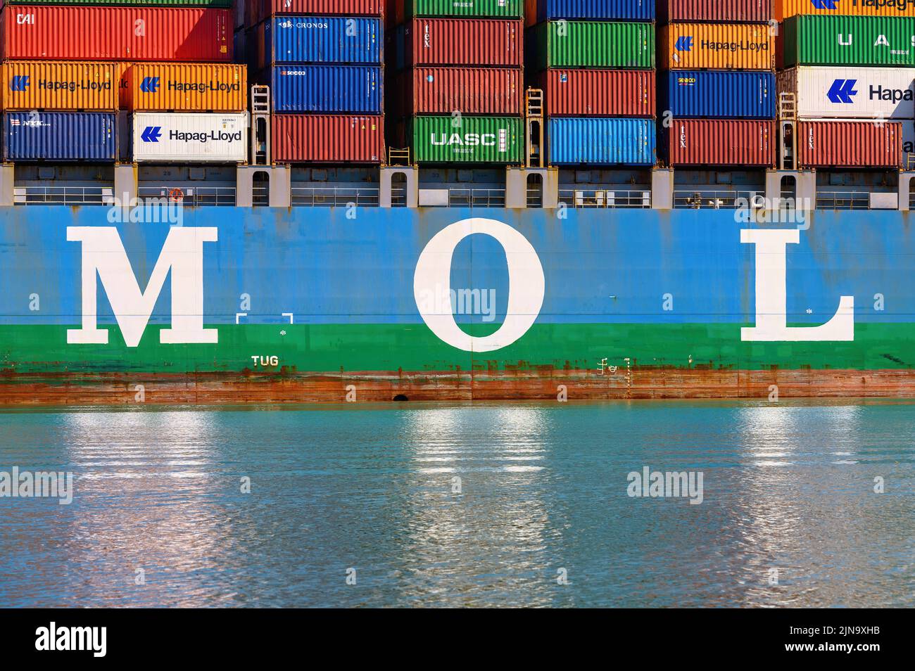 The Mitsui O.S.K Lines logo on the container carrier MOL Experience - June 2021. Stock Photo