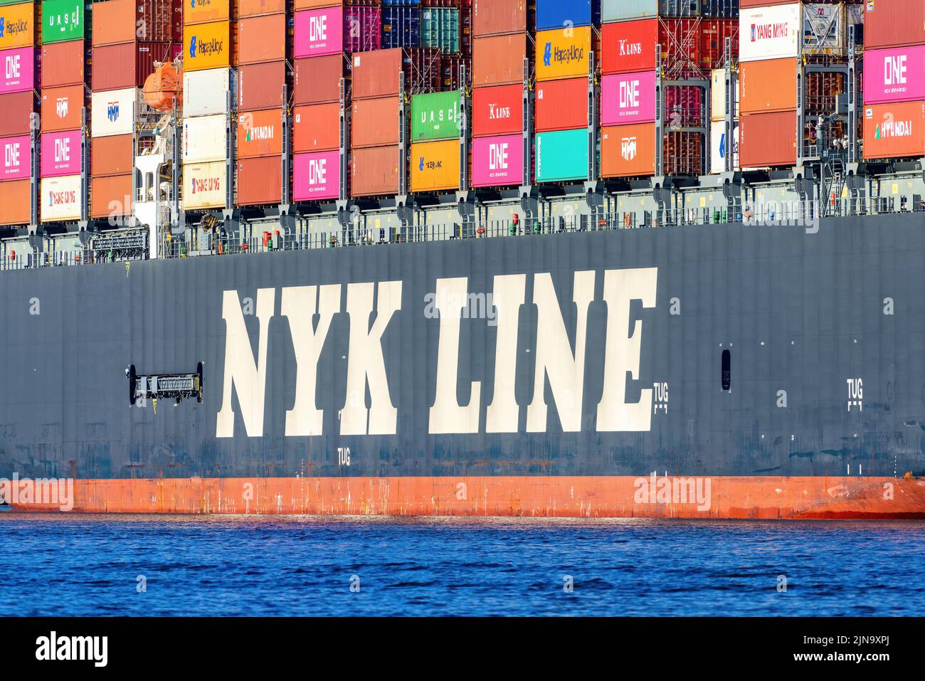 The NYK Line logo on the container carrier NYK Owl - November 2020. Stock Photo