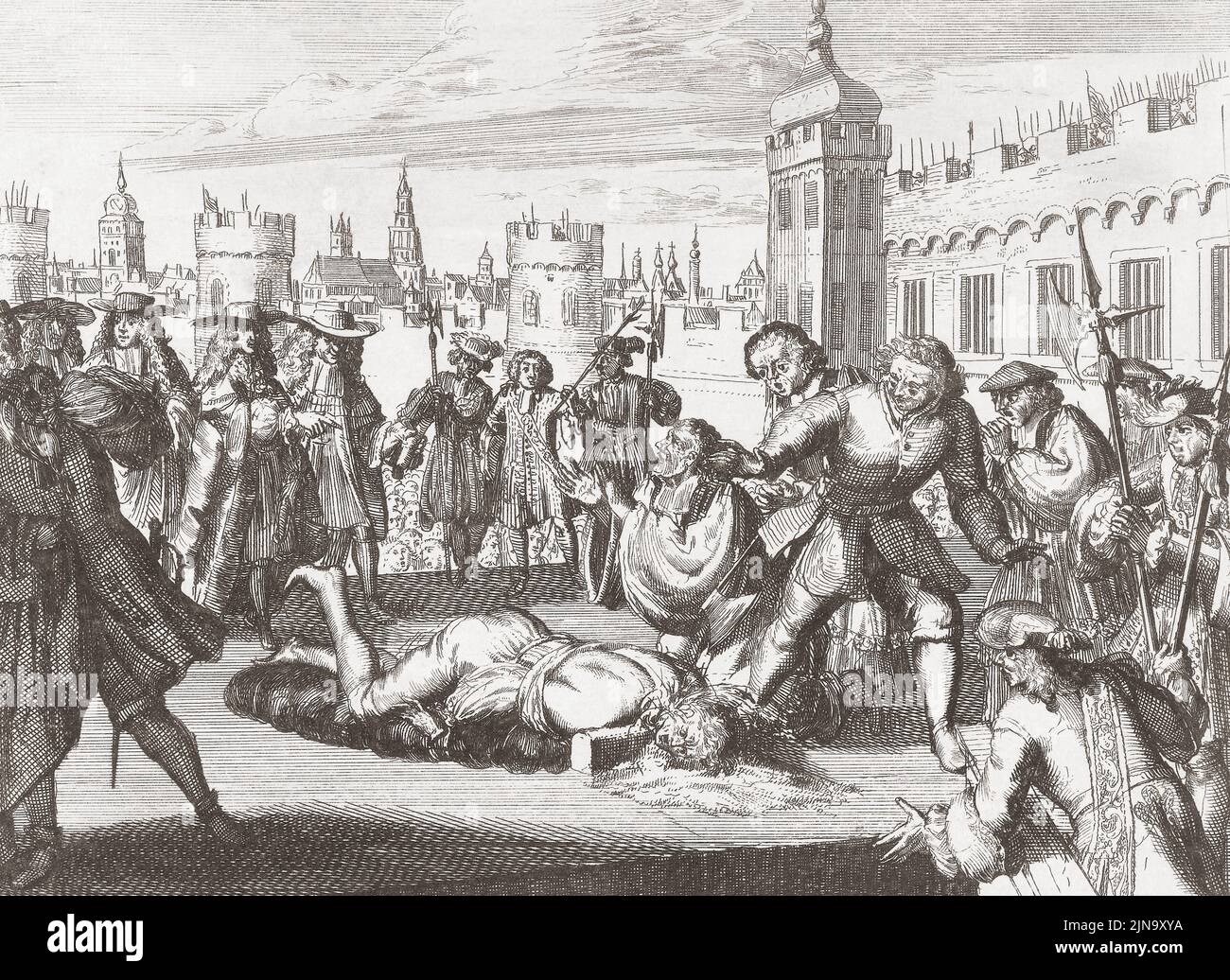 The execution of James Scott, 1st Duke of Monmouth, 1st Duke of Buccleuch, 1649 - 1685.  Monmouth, an illigitimate son of King Charles II was executed for treason on Tower Hill on July 15, 1685 after the failure of what has become known as the Monmouth Rebellion, also known as the Pitchfork Rebellion or the West Country Rebellion.  His beheading was famously botched, by the executioner Jack Ketch who took as many as five blows of the axe and a final cut with a knife to sever his head.  After a 17th century work. Stock Photo
