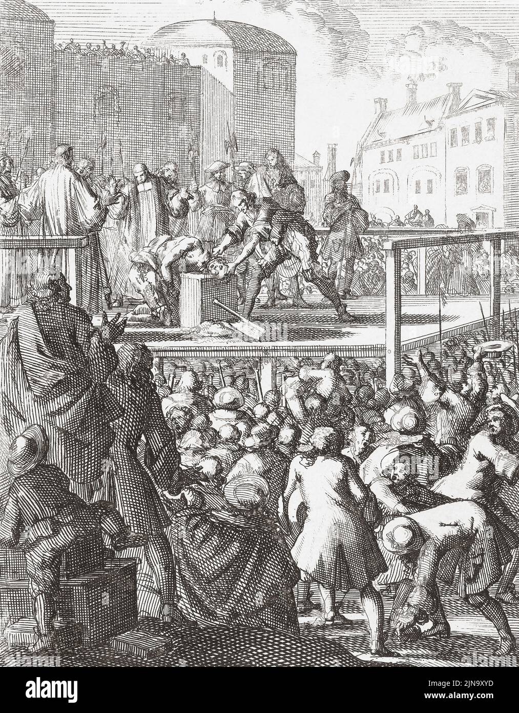 The execution of James Scott, 1st Duke of Monmouth, 1st Duke of Buccleuch, 1649 - 1685.  Monmouth, an illigitimate son of King Charles II was executed for treason on Tower Hill on July 15, 1685 after the failure of what has become known as the Monmouth Rebellion, also known as the Pitchfork Rebellion or the West Country Rebellion.  His beheading was famously botched, by the executioner Jack Ketch who took as many as five blows of the axe and a final cut with a knife to sever his head.  After a 17th century work by Jan Luyken. Stock Photo
